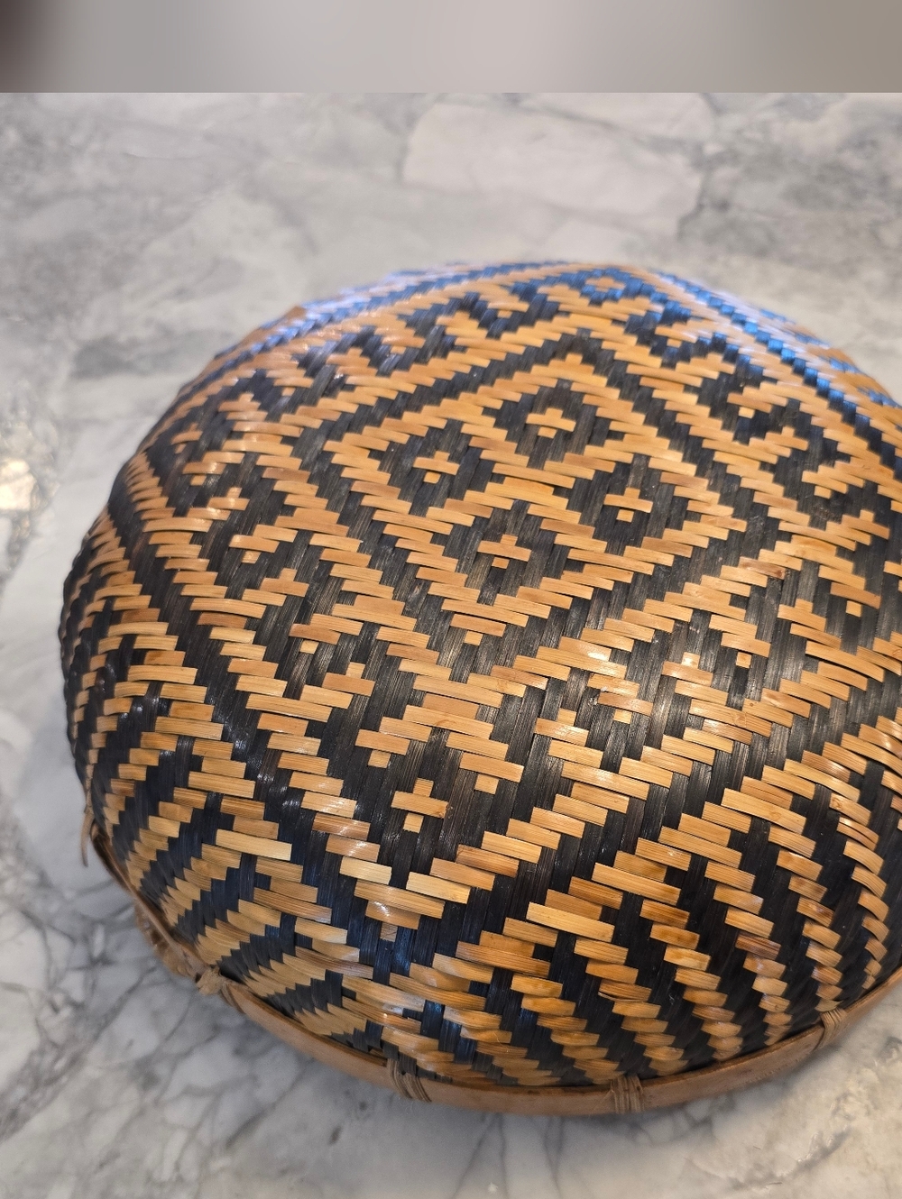 Vintage Handwoven Boho Basket Black Tan w/ Handles
